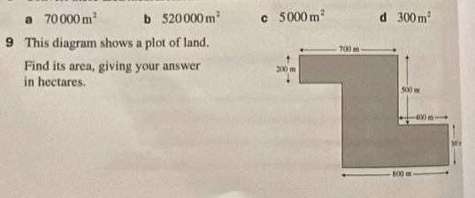 a 70000m^2 b 520000m^2 c 5000m^2 d 300m^2
9 This diagram shows a plot of land.
Find its area, giving your answer 
in hectares.