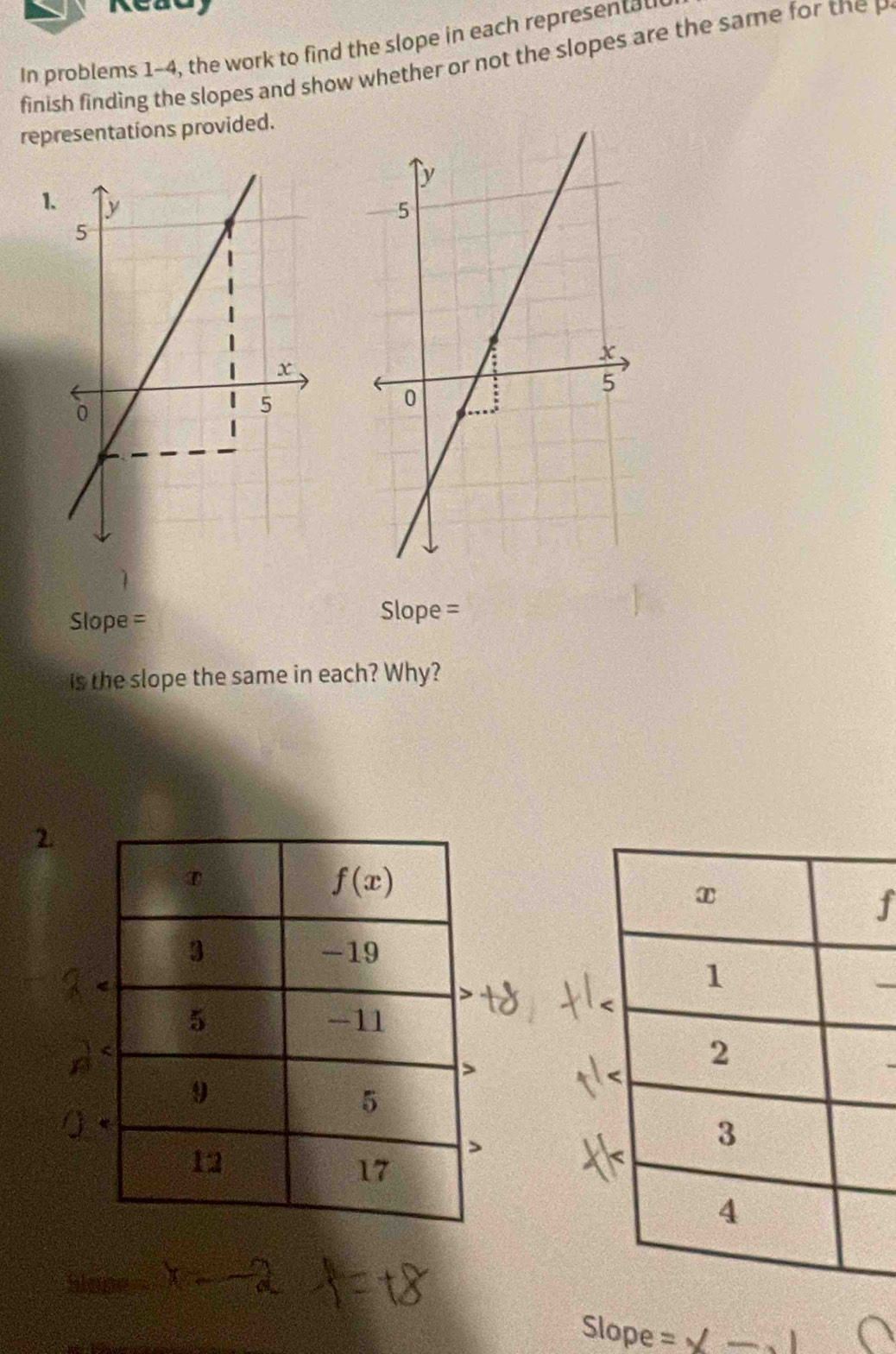 In problems 1-4, the work to find the slope in each represent 
finish finding the slopes and show whether or not the slopes are the same for the p
representations provided.
1.
1
Slope =
Slope =
Is the slope the same in each? Why?
2
f
Slope