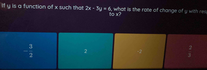 If y is a function of x such that 2x-3y=6 , what is the rate of change of y with res
to x?
- 3/2 
2
-2
 2/3 