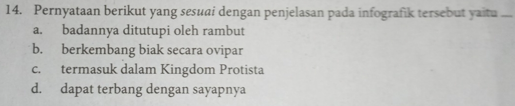 Pernyataan berikut yang sesuai dengan penjelasan pada infografik tersebut yaitu ...
a. badannya ditutupi oleh rambut
b. berkembang biak secara ovipar
c. termasuk dalam Kingdom Protista
d. dapat terbang dengan sayapnya