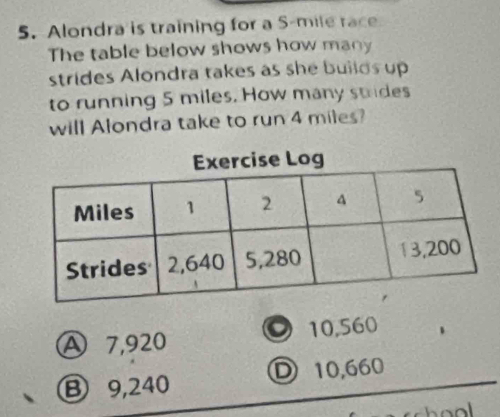 Alondra is training for a S-mile race
The table below shows how many
strides Alondra takes as she builds up
to running 5 miles. How many strides
will Alondra take to run 4 miles?
A 7,920 10,560
Ⓓ 10,660
Ⓑ 9,240