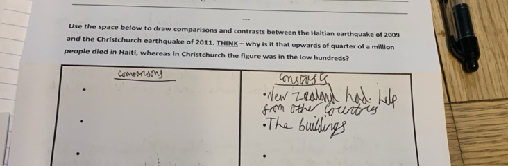 Use the space below to draw comparisons and contrasts between the Haitian earthquake of 2009 
and the Christchurch earthquake of 2011. THINK - why is it that upwards of quarter of a million 
people died in Haiti, whereas in Christchurch the figure was in the low hundreds?