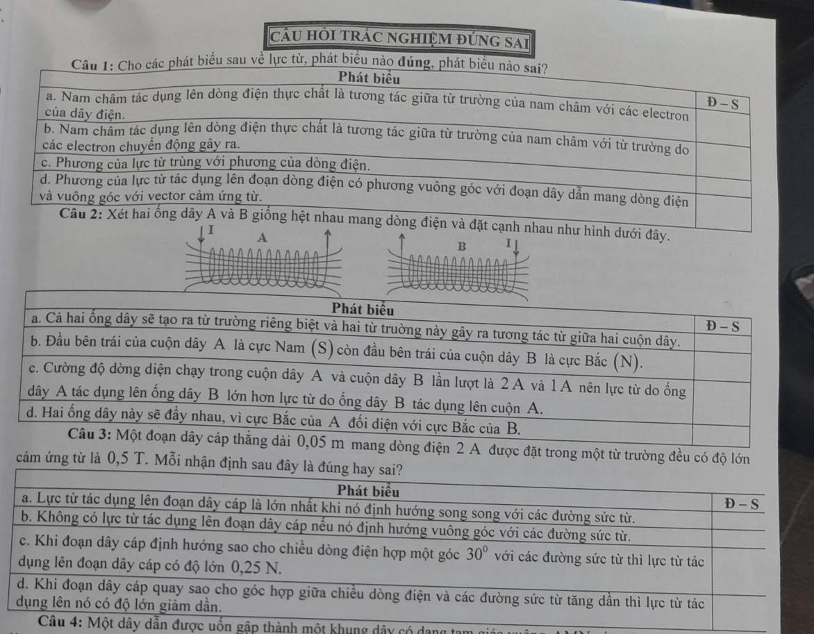 câu hỏi trÁC nGhIỆm đúng sai
ình dưới đây.
A
B I
A được đặt trong một từ trường đều có độ lớn
cảm ứng từ là 0,5 T. Mỗi nhận định 
được uốn gập thành một khung dây có dang t
