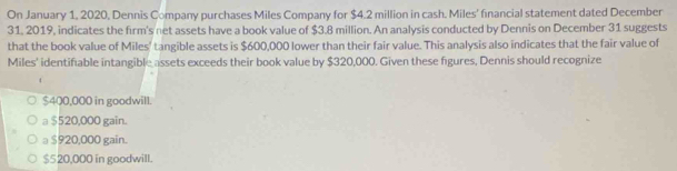 On January 1, 2020, Dennis Company purchases Miles Company for $4.2 million in cash. Miles' financial statement dated December
31, 2019, indicates the firm's net assets have a book value of $3.8 million. An analysis conducted by Dennis on December 31 suggests
that the book value of Miles' tangible assets is $600,000 lower than their fair value. This analysis also indicates that the fair value of
Miles' identifiable intangible assets exceeds their book value by $320,000. Given these figures, Dennis should recognize
$400,000 in goodwill.
a $520,000 gain.
a $920,000 gain.
$520,000 in goodwill.