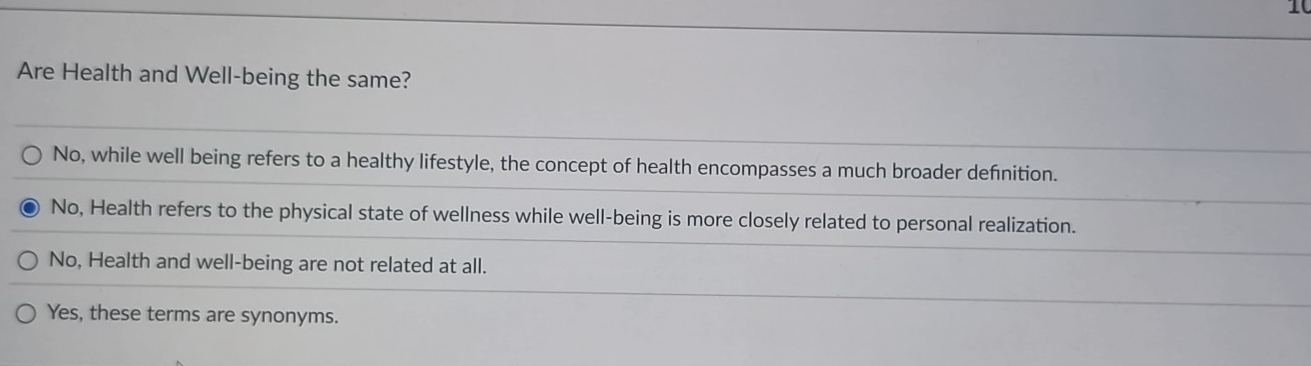 Are Health and Well-being the same?
No, while well being refers to a healthy lifestyle, the concept of health encompasses a much broader definition.
No, Health refers to the physical state of wellness while well-being is more closely related to personal realization.
No, Health and well-being are not related at all.
Yes, these terms are synonyms.