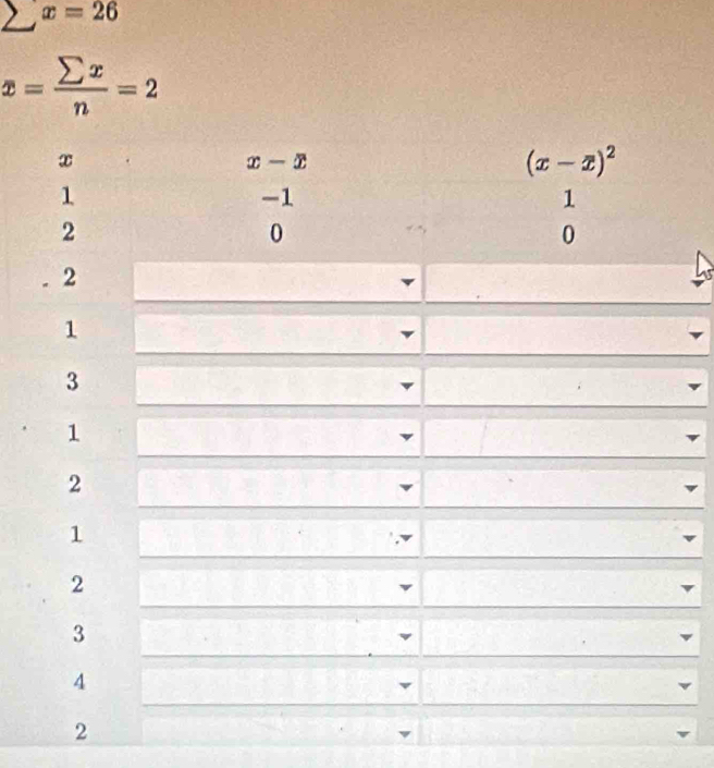 sumlimits x=26
x= sumlimits x/n =2