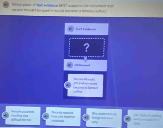 Which piece of tad evidence BEST supports the statement that
no one thought jacqueline would become a famous auther ?
Text Evidence
?
Statement
No one thought
jacqueline would
became a famous
outhor
People assumed Nobody noticed She wanted to do Her style of wnling
reading was how she held her things her own was arsus for =
difficult for her. notebook way. chēd