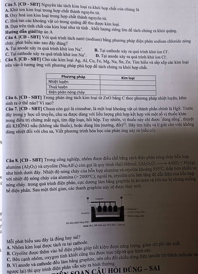 [CD - SBT] Nguyên tác tách kim loại ra khỏi hợp chất của chúng là
A. Khử ion kim loại trong hợp chất thành nguyên tử.
B. Oxy hoá ion kim loại trong hợp chất thành nguyên tử.
C. Hoà tan các khoàng vật có trong quặng để thu được kim loại.
D. Dựa trên tính chất của kim loại như từ tính , khối lượng riêng lớn để tách chúng ra khỏi quặng.
Hướng dẫn giảiĐáp án A
Câu 4. [CD - SBT] Với quá trình tách natri (sodium) bằng phương pháp điện phân sodium chloride nóng
chảy, phát biểu nào sau đây đúng?
A. Tại anode xảy ra quá trình khử ion Na*. B. Tại cathode xảy ra quá trình khử ion Cl'.
C. Tại cathode xảy ra quá trình khử ion Na*. D. Tại anode xảy ra quá trình khử ion Cl.
Câu 5. [CD - SBT] Cho các kim loại Ag, Al, Cu, Fe, Mg, Na, Sn, Zn. Tìm hiểu và sắp xếp các kim loại
trên vào ô tương ứng với phương pháp phù hợp để tách chúng ra khỏi hợp chất.
Câu 6. [CD - SBT] Trong phản ứng tách kim loại từ ZnO bằng C theo phương pháp nhiệt luyện, kẽm
sinh ra ở thể nào? Vì sao?
Câu 7. [CD - SBT] Chusa còn gọi là cinnabar, là một loại khoáng vật có thành phần chính là HgS. Trước
đây trong y học cổ truyền, chu sa được dùng với liều lượng phù hợp kết hợp với một số vị thuốc khác
trong điều trị chứng mất ngủ, tim đập loạn, hồi hộp. Tuy nhiên, vị thuốc này chỉ được ''dùng sống'', thuyệt
đối KHÔNG nấu (không sắc thuốc), hoặc dùng lửa (nướng, dot)^[1]. Hãy tìm hiểu và lí giải cho việc không
dùng nhiệt đối với chu sa, Viết phương trình hóa học của phản ứng xảy ra (nếu có).
Câu 8. [CD - SBT] Trong công nghiệp, nhôm được điều chế bằng cách điện phân nóng chảy hỗn hợp
alumina ( Al_2O_3 ) và cryolite (Na₃AlF₆) còn gọi là quy trình Hall-Héroul: 2Al₂O₃(/) → 4Al(l)+3O_2(g)
như hình dưới đây. Nhiệt độ nóng chảy của hỗn hợp alumina và cryolite khoảng 950°C , thấp hơn nhiều so
với nhiệt độ nóng chảy của alumina (>2000°C); ngoài ra, cryolite còn làm tăng độ dẫn điện của hỗn hợp
nóng chảy. trong quá trình điện phân, cực dương làm bằng graphite bị ăn mòn và liên tục bị nhúng xuồng
bể điện phân. Sau một thời gian, các thanh graphite này sẽ được thay mới.
Bể đi
Mỗi phát biểu sau đây là đúng hay sai?
A. Nhôm kim loại được tách ra tại cathode.
B. Cryolite được thêm vào bể điện phân giúp tiết kiệm được năng lượng, giảm chi phí sản xuất.
C. Bên cạnh nhôm, oxygen tinh khiết cũng thu được trực tiếp từ quy trình này.
D. Vì anode và cathode đều làm bằng graphite, nên nếu đổi chiều dòng điện (anode trở thành cathode và
ngược lại) thì quy trình điện phân vẫn xảy ra bình thường.
N SOAn CÂU hỏi đÚNG - SAi