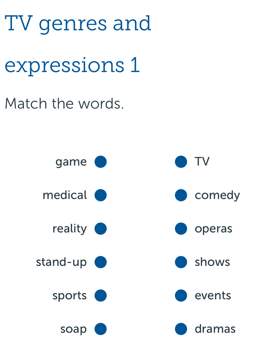 TV genres and
expressions 1
Match the words.
game TV
medical comedy
reality operas
stand-up shows
sports events
soap dramas