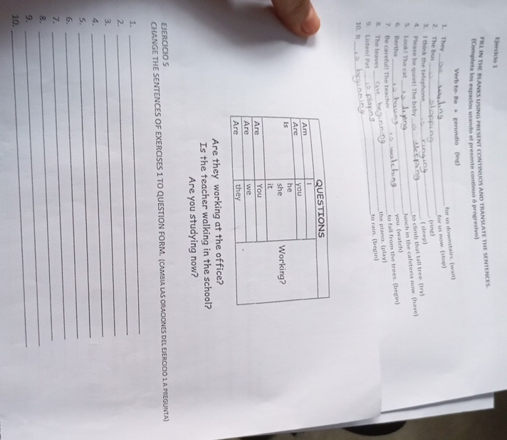 Uerciclo 1 
FILL IN THE BLANKS USING PRESENT CONTINUOS AND TRANSLATE THE SENTENCES. 
(Completa los espacios usando el presente continuo ó progresivo) 
Verb to- Be + gerundio (ing) 
_ 
for us downstairs. (wait) 
_ 
1. They 
for us now. (stop) 
_ 
2. The bus 
(ring) 
3. I think the telephone 
. ( sleep) 
4. Please be quiet! The baby 
_to climb that tall tree. (try) 
_ 
5. Look! The cat 
_lunch in the cafeteria now. (have) 
6. Bertha 
you. (watch) 
7. Be careful! The teacher 
_to fall from the trees. (begin) 
the piano. (play) 
_ 
8. The leaves_ 
to rain. (begin) 
9. Listen! Pat 
10. It 
Are they working at the office? 
Is the teacher walking in the school? 
Are you studying now? 
EJERCICIO S 
CHANGE THE SENTENCES OF EXERCISES 1 TO QUESTION FORM. (CAMBIA LAS ORACIONES DEL EJERCICIO 1 A PREGUNTA) 
_ 
1. 
_ 
2. 
3. 
_ 
4. 
_ 
5. 
_ 
6._ 
_ 
7._ 
8._ 
9._ 
10.