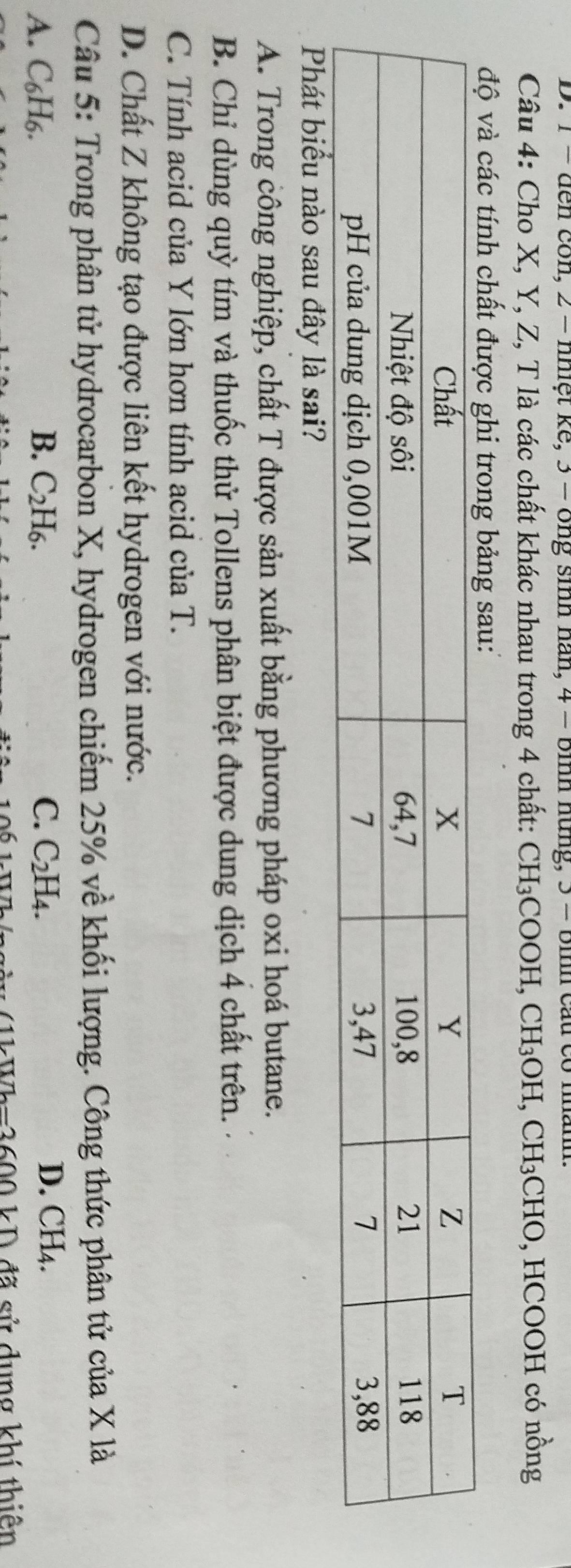 1 = đến con, 2 = nhiệt kế, 3 = ông sinh han, 4 = bình hững, 3 = bình cầu có nhành
Câu 4: Cho X, Y, Z, T là các chất khác nhau trong 4 chất: CH₃COOH, 6 CH_3OH, CI -1 3CHO, HCOOH có nồng
Phát biểu nào sau đây là sai?
A. Trong công nghiệp, chất T được sản xuất bằng phương pháp oxi hoá butane.
B. Chỉ dùng quỳ tím và thuốc thử Tollens phân biệt được dung dịch 4 chất trên.
C. Tính acid của Y lớn hơn tính acid của T.
D. Chất Z không tạo được liên kết hydrogen với nước.
Câu 5: Trong phân tử hydrocarbon X, hydrogen chiếm 25% về khối lượng. Công thức phân tử của X là
A. C₆H6. B. C_2H_6. C. C_2H_4. D. ( CH_4
* 111 TIIL_ )∠ O 600 kD đã sử dung khí thiên