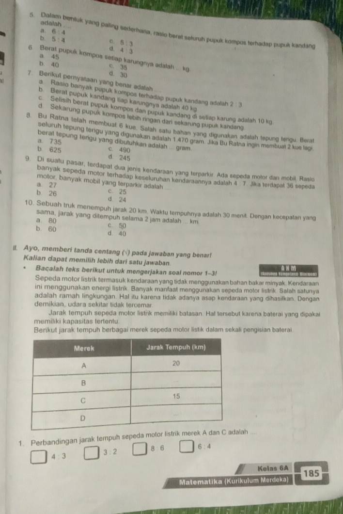 adalah
a. 6:4
5. Dialam bentuk yang paling sederhana, rasio berat seturuh pupuk kompos terhadap pupuk kandang
b. 5:4 o. 6:3
a. 4:3
a 45
6 Berat pupuk kompos setiap karungnya adalah . kg
D. 40 c. 35
d. 30
7 Berikut peryataan yang benar adalah
a Rasio banyak pupuk kompos terhadap pupuk kandang adalah 2:3
b. Berat pupuk kandang tiap karungnya adalah 40 kg
c Selisih berat pupuk kompos dan pupuk kandang di setiap karung adalah 10 kg
d. Sekarung pupuk kompos lebih ringan dari sekarung pupuk kandang
3. Bu Ratna telah membual 6 kue. Salah satu bahan yang digunakan adalah tepung tengu. Berat
seluruh tepung tengu yang digunakan adalah 1.470 gram. Jika Bu Ratna ingin membuat 2 kue lagi
berat tepung tengu yang dibutuhkan adalah ... gram.
a 735 c. 490
b 625 d. 245
9. Di suatu pasar, terdapat dua jenis kendaraan yang terparkir Ada sepeda motor dan mobil. Rasio
banyak sepeda motor terhadap keseluruhan kendaraannya adalah 4 7. Jika terdapat 36 sepeda
motor, banyak mobil yang terparkir adalah
a 27 c 25
b 26 d 24
10. Sebuah truk menempuh jarak 20 km. Waktu tempuhnya adalah 30 menit. Dengan kecepatan yang
sama, jarak yang ditempuh selama 2 jam adalah ... km
a 80 c 50
b. 60
d 40
ll. Ayo, memberi tanda centang (√) pada jawaban yang benar!
Kalian dapat memilih lebih dari satu jawaban.  m
Bacalah teks berikut untuk mengerjakan soal nomor 1-3!
Sepeda molor listrik termasuk kendaraan yang tidak menggunakan bahan bakar minyak. Kendaraan
ini menggunakan energi listrik. Banyak manfaat menggunakan sepeda motor listrik Salah satunya
adalah ramah lingkungan. Hal itu karena tidak adanya asap kendaraan yang dihasilkan. Dengan
demikian, udara sekitar tidak tercemar
Jarak tempuh sepeda motor listrik memiliki batasan. Hal tersebut karena baterai yang dipakai
memiliki kapasitas tertentu
Berikut jarak tempuh berbagai merek sepeda motor listik dalam sekali pengisian baterai
1. Perbandingan jarak tempuh sepeda motor listrik merek A dalah
4:3 3:2 8 6 6:4
Kelas 6A 185
Matematika (Kurikulum Merdeka)