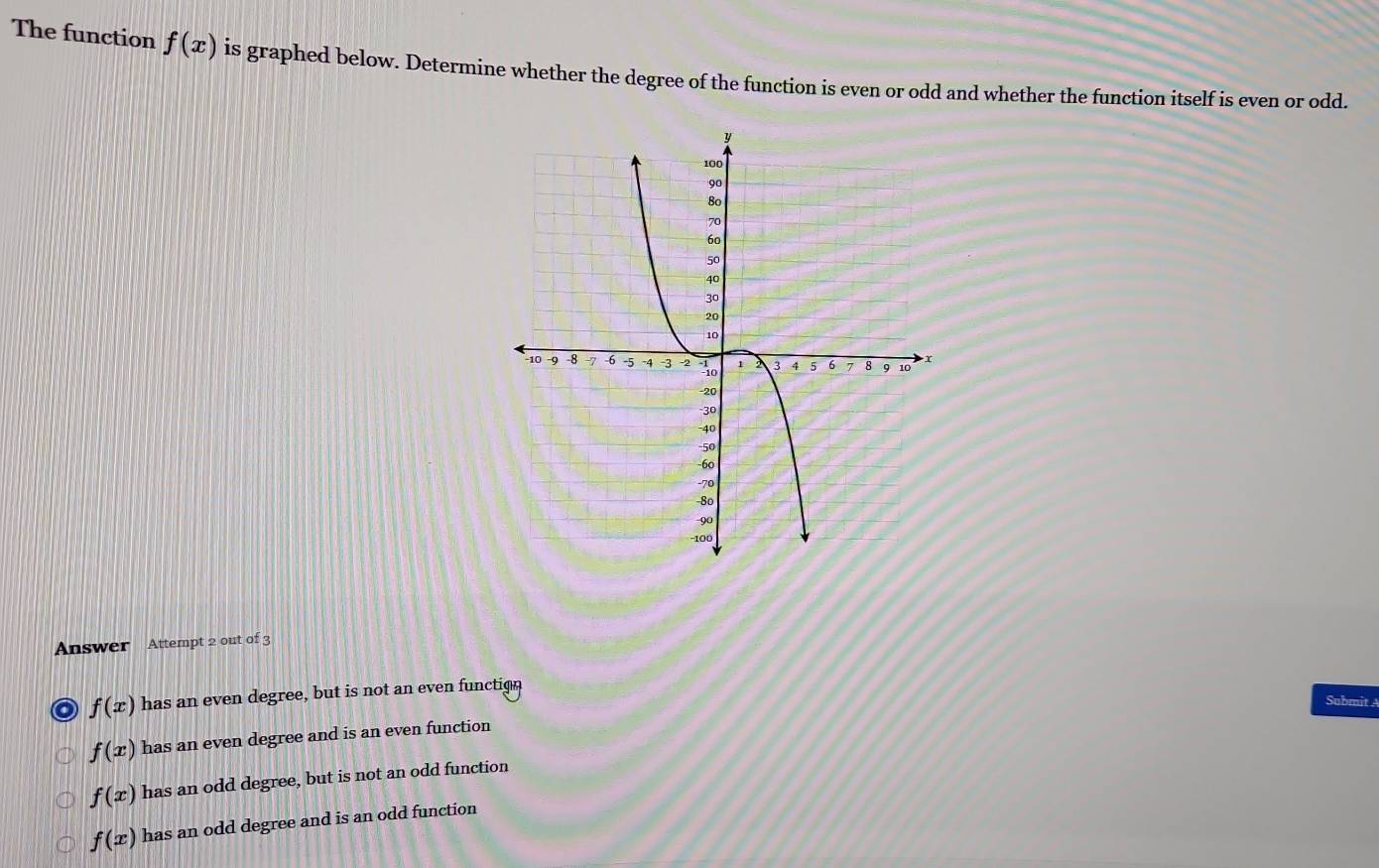 The function f(x) is graphed below. Determine whether the degree of the function is even or odd and whether the function itself is even or odd.
Answer Attempt 2 out of 3
o f(x) has an even degree, but is not an even functign
Submit
f(x) has an even degree and is an even function
f(x) has an odd degree, but is not an odd function
f(x) has an odd degree and is an odd function