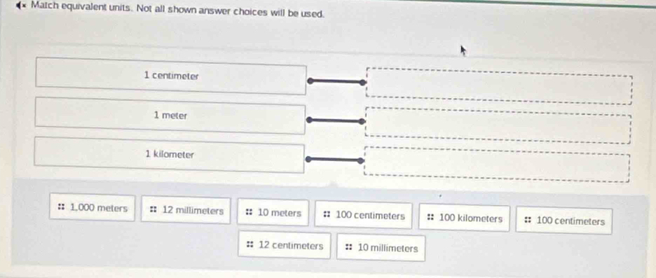 Match equivalent units. Not all shown answer choices will be used.
1 centimeter
1 meter
1 kilometer
1,000 meters 12 millimeters 10 meters # 100 centimeters :: 100 kilometers 100 centimeters
12 centimeters 10 millimeters