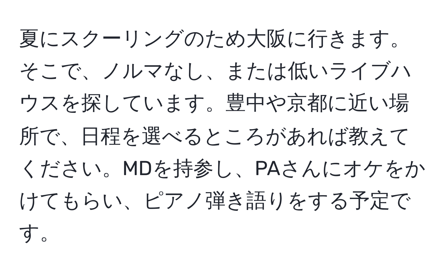 夏にスクーリングのため大阪に行きます。そこで、ノルマなし、または低いライブハウスを探しています。豊中や京都に近い場所で、日程を選べるところがあれば教えてください。MDを持参し、PAさんにオケをかけてもらい、ピアノ弾き語りをする予定です。