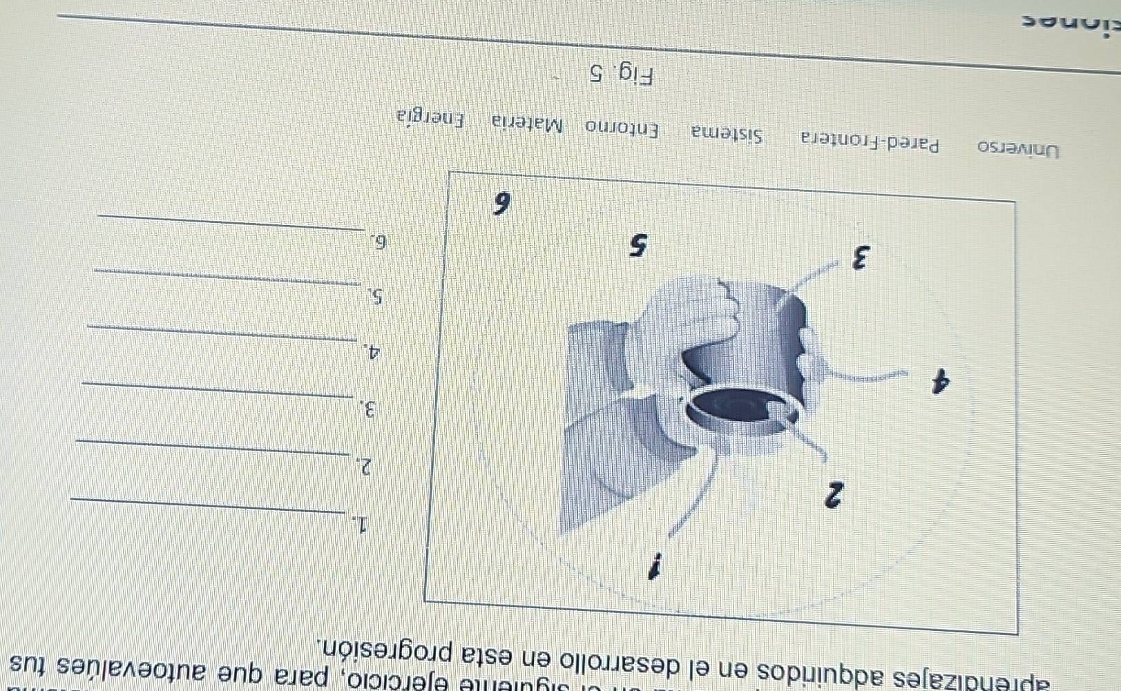 siguiente ejercicio, para que autoevalúes tus 
aprendizajes adquiridos en el desarrollo en esta progresión. 
1._ 
2._ 
3._ 
_ 
4. 
5._ 
_ 
6. 
Universo Pared-Frontera Sistema Entorno Materia Energía 
Fig. 5 
ciones