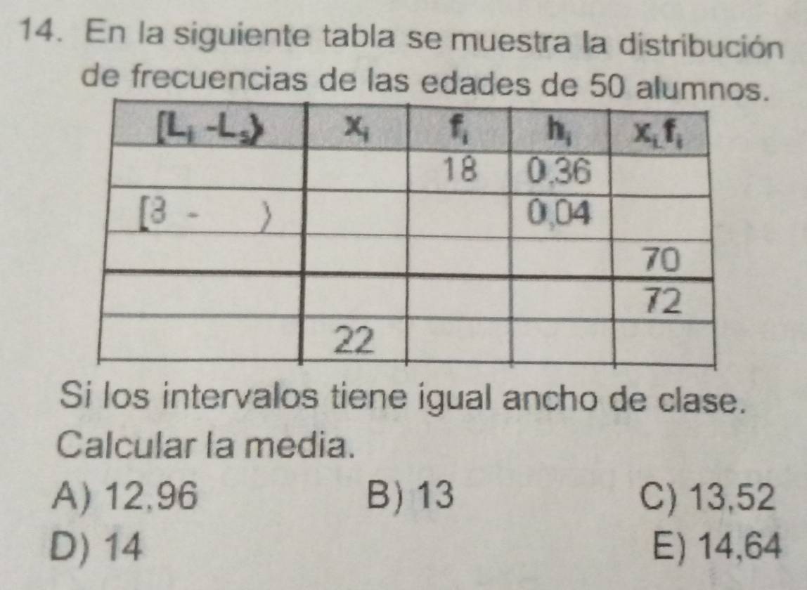 En la siguiente tabla se muestra la distribución
de frecuencias de las edades de 50 alum.
Si los intervalos tiene igual ancho de clase.
Calcular la media.
A) 12,96 B) 13 C) 13,52
D) 14 E) 14,64