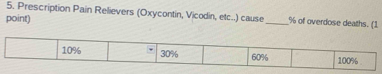 Prescription Pain Relievers (Oxycontin, Vicodin, etc..) cause _ % of overdose deaths. (1 
point)