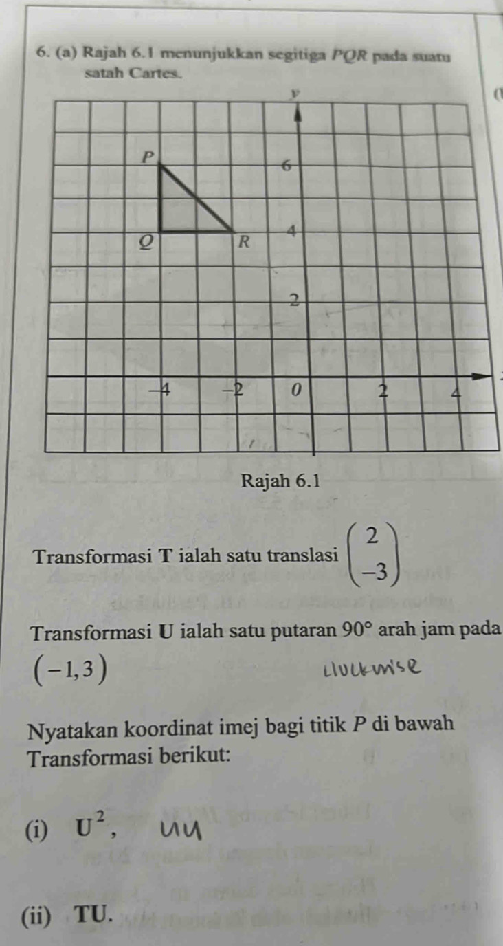 Rajah 6.1 menunjukkan segitiga PQR pada suatu 
Rajah 6.1 
Transformasi T ialah satu translasi beginpmatrix 2 -3endpmatrix
Transformasi U ialah satu putaran 90° arah jam pada
(-1,3)
Nyatakan koordinat imej bagi titik P di bawah 
Transformasi berikut: 
(i) U^2 , 
(ii) TU.