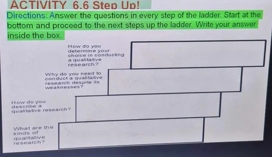 ACTIVITY 6.6 Step Up! 
Directions: Answer the questions in every step of the ladder. Start at the 
bottom and proceed to the next steps up the ladder. Write your answer