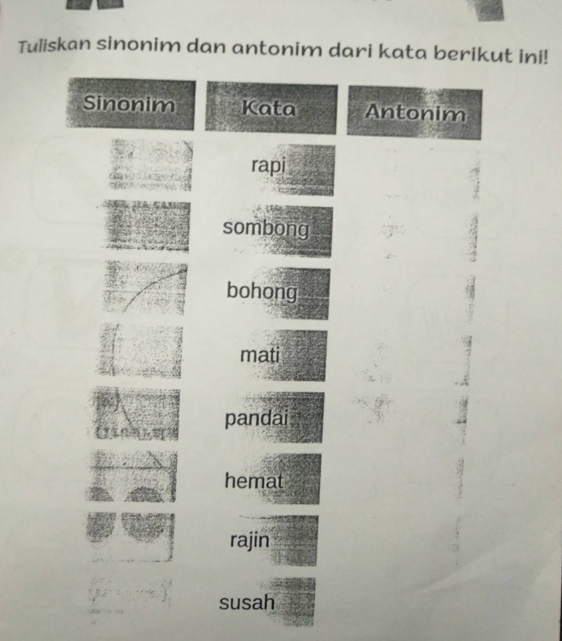 Tuliskan sinonim dan antonim dari kata berikut ini!
Sinonim Kata Antonim
rapi
sombong
bohong
mati
pandai
hemat
rajin
susah