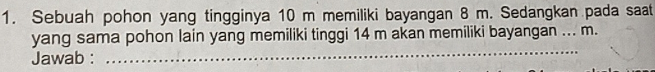 Sebuah pohon yang tingginya 10 m memiliki bayangan 8 m. Sedangkan pada saat 
yang sama pohon lain yang memiliki tinggi 14 m akan memiliki bayangan ... m. 
Jawab : 
_