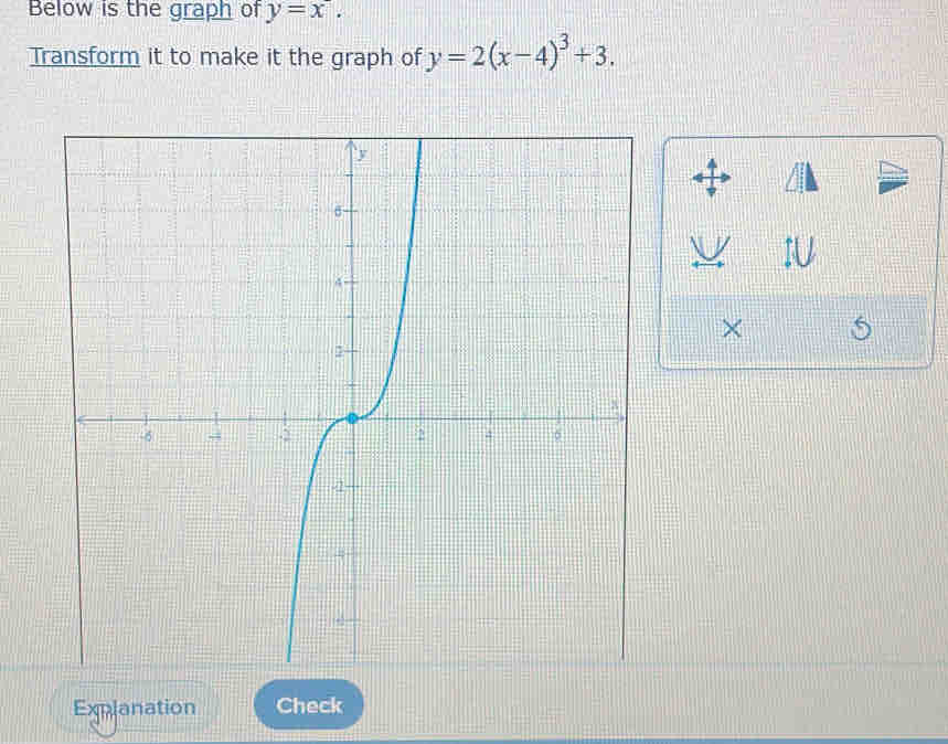 Below is the graph of y=x. 
Transform it to make it the graph of y=2(x-4)^3+3. 
I
×
Explanation Check