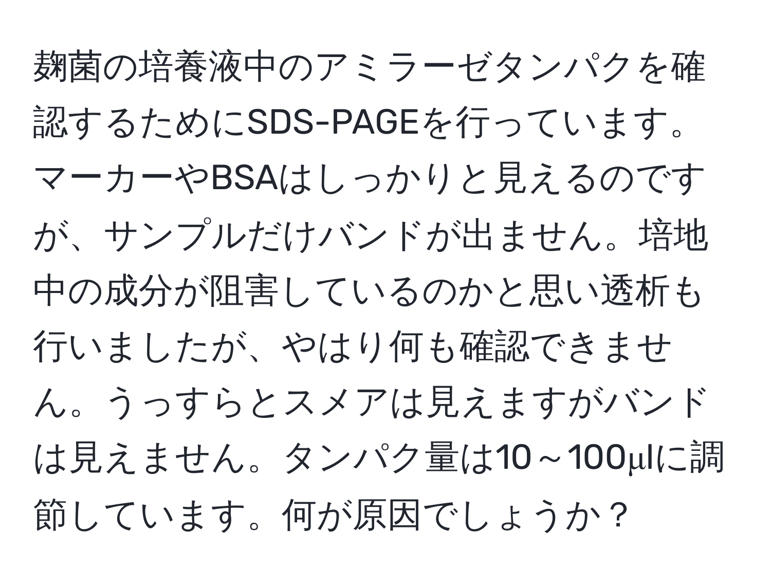 麹菌の培養液中のアミラーゼタンパクを確認するためにSDS-PAGEを行っています。マーカーやBSAはしっかりと見えるのですが、サンプルだけバンドが出ません。培地中の成分が阻害しているのかと思い透析も行いましたが、やはり何も確認できません。うっすらとスメアは見えますがバンドは見えません。タンパク量は10～100μlに調節しています。何が原因でしょうか？