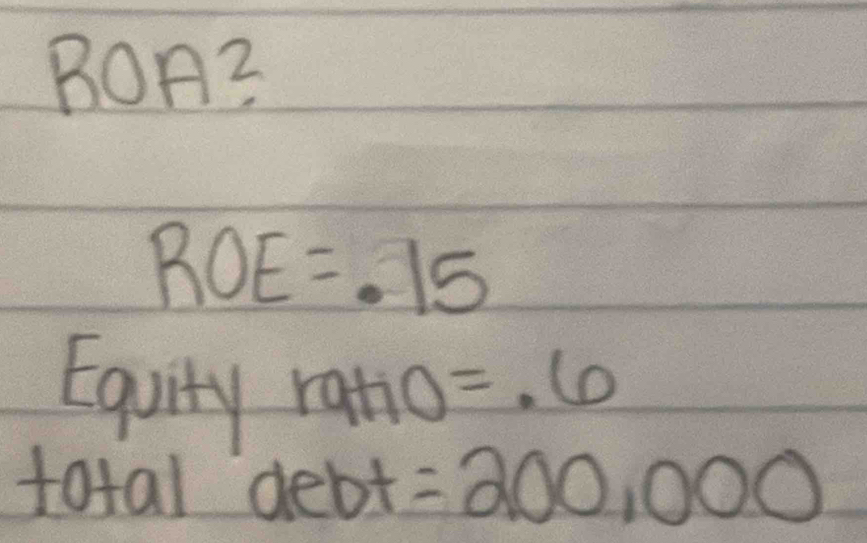 BOA? 
ROE .15 
Equity rano = 6 
total debt? = 200,000