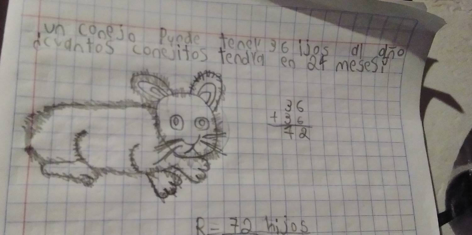 un coneso Puade tener g6 jjos a dīo 
dcvantos conejitos tendral en Qr mesesi
beginarrayr 36 +36 hline 72endarray
R=72 hiJos