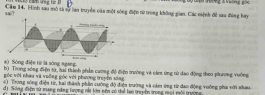 veclo cảm ứng từ B g d ộ tiện trường E vuống góc
Câu 14. Hình sau mô tả sự lan truyền của một sóng điện từ trong không gian. Các mệnh đề sau đúng hay
sai?
a) Sóng điện từ là sóng ngang.
b) Trong sóng điện từ, hai thành phần cường độ điện trường và cảm ứng từ dao động theo phương vuông
góc với nhau và vuông góc với phương truyền sóng.
c) Trong sóng điện từ, hai thành phần cường độ điện trường và cảm ứng từ dao động vuông pha với nhau.
d) Sóng điện từ mang năng lượng rất lớn nên có thể lan truyền trong mọi môi trường.