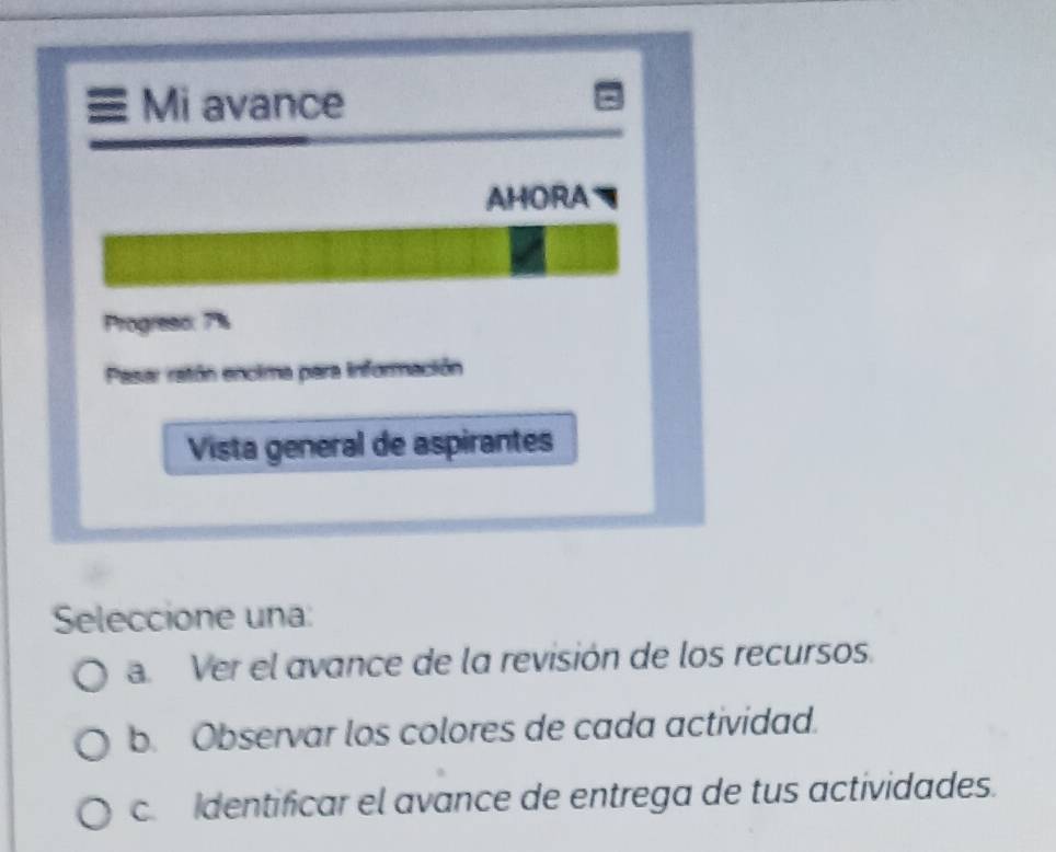 Mi avance
AHORA
Progreso: 7%
Pasar ratón encima para información
Vista general de aspirantes
Seleccione una:
a. Ver el avance de la revisión de los recursos.
b. Observar los colores de cada actividad.
c. Identificar el avance de entrega de tus actividades.