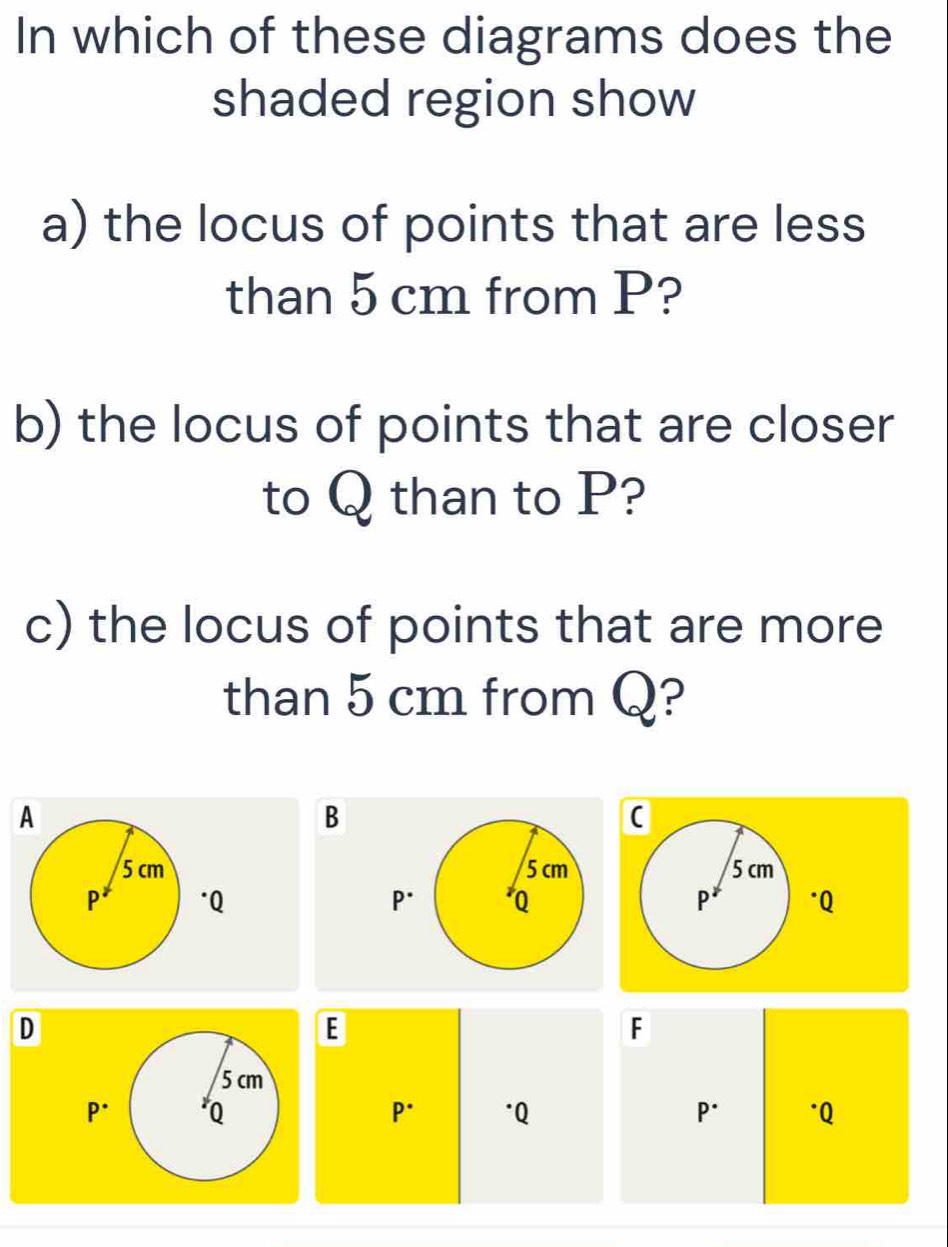 In which of these diagrams does the 
shaded region show 
a) the locus of points that are less 
than 5 cm from P? 
b) the locus of points that are closer 
to Q than to P? 
c) the locus of points that are more 
than 5 cm from Q? 
B 


D 
E 
F
5 cm
P* Q P * · Q P* * Q