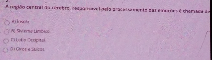 ∠ 
A região central do cérebro, responsável pelo processamento das emoções é chamada de
A) Insula.
B) Sistema Límbico
C) Lobo Occipital
D) Giros e Sulcos.