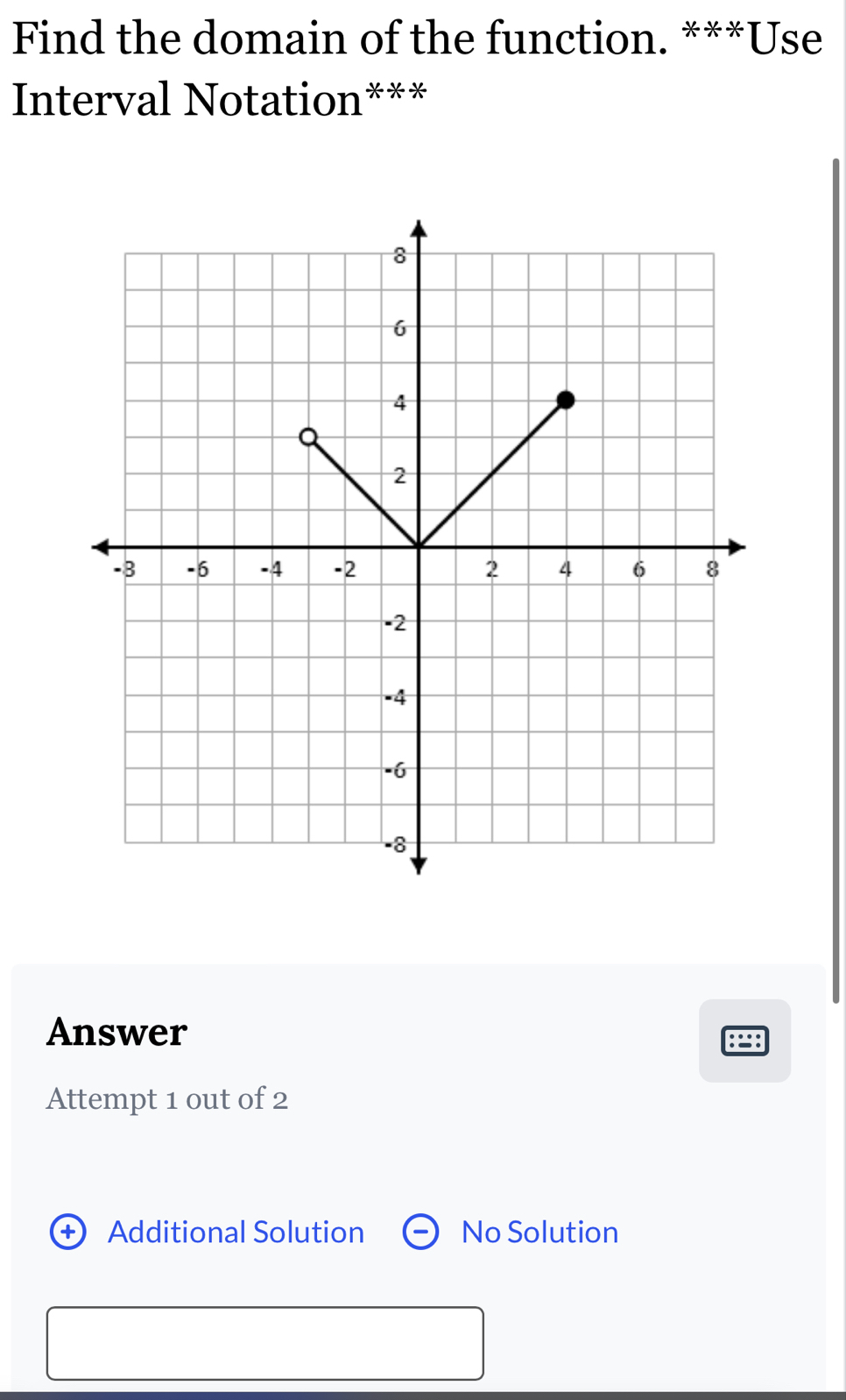 Find the domain of the function. ***Use
Interval Notation***
Answer
Attempt 1 out of 2
Additional Solution No Solution