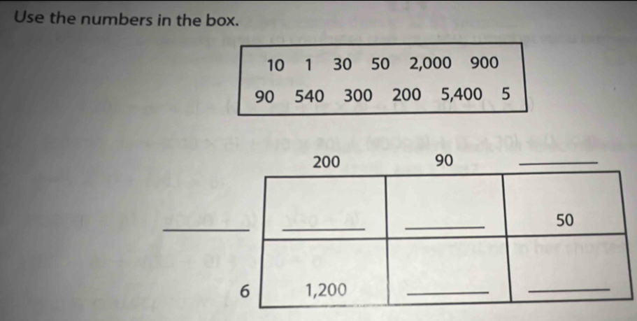 Use the numbers in the box.
10 1 30 50 2,000 900
90 540 300 200 5,400 5