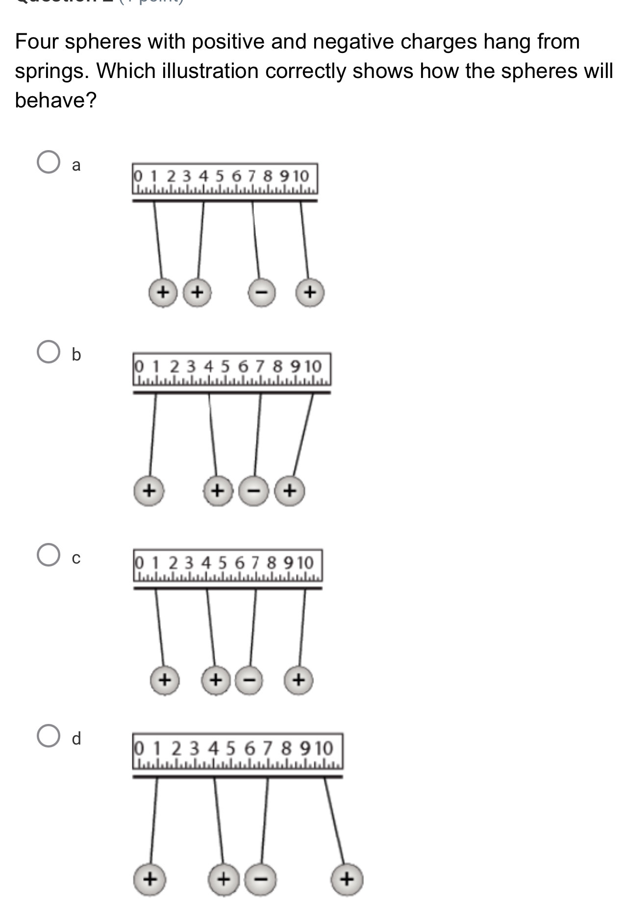 Four spheres with positive and negative charges hang from
springs. Which illustration correctly shows how the spheres will
behave?
a
b
C
d