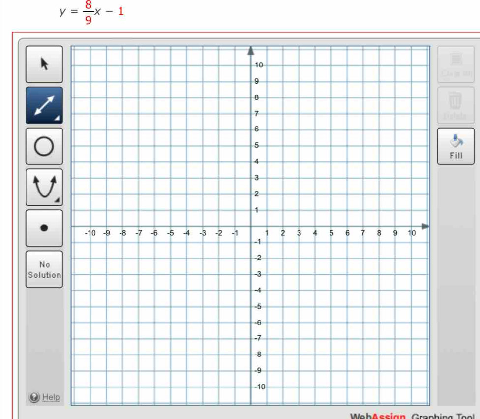 y= 8/9 x-1
Fill
No
Solutio
Help
WehAssign Graphing To o