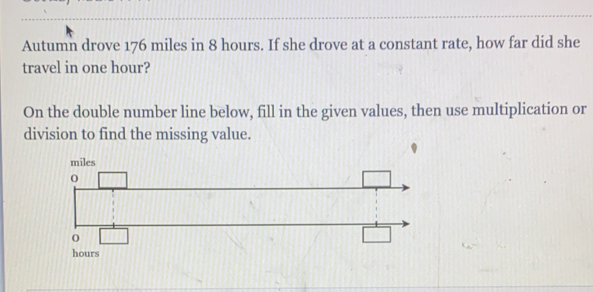 Autumn drove 176 miles in 8 hours. If she drove at a constant rate, how far did she
travel in one hour?
On the double number line below, fill in the given values, then use multiplication or
division to find the missing value.
hours