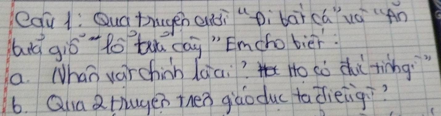 Qqu1: Qug trugeh aì "pibài cá"vá "An 
buá giò tto tu dag " Emchobier. 
a. Whan varchinn lqai? Ho có dui tàng" 
6. Qlia 2thugen Then giáo duc tadieig??