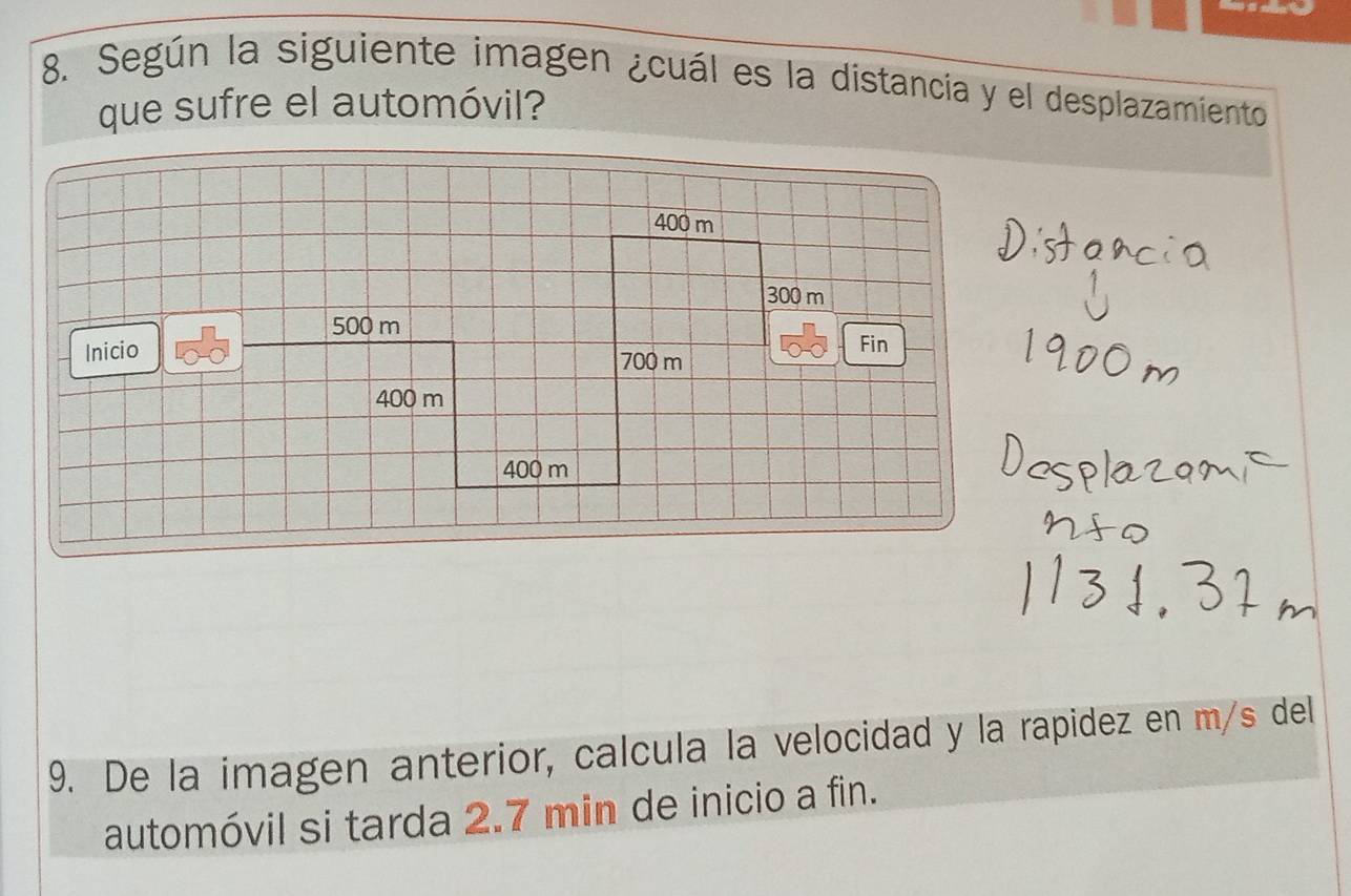 Según la siguiente imagen ¿cuál es la distancia y el desplazamiento 
que sufre el automóvil? 
9. De la imagen anterior, calcula la velocidad y la rapidez en m/s del 
automóvil si tarda 2.7 min de inicio a fin.