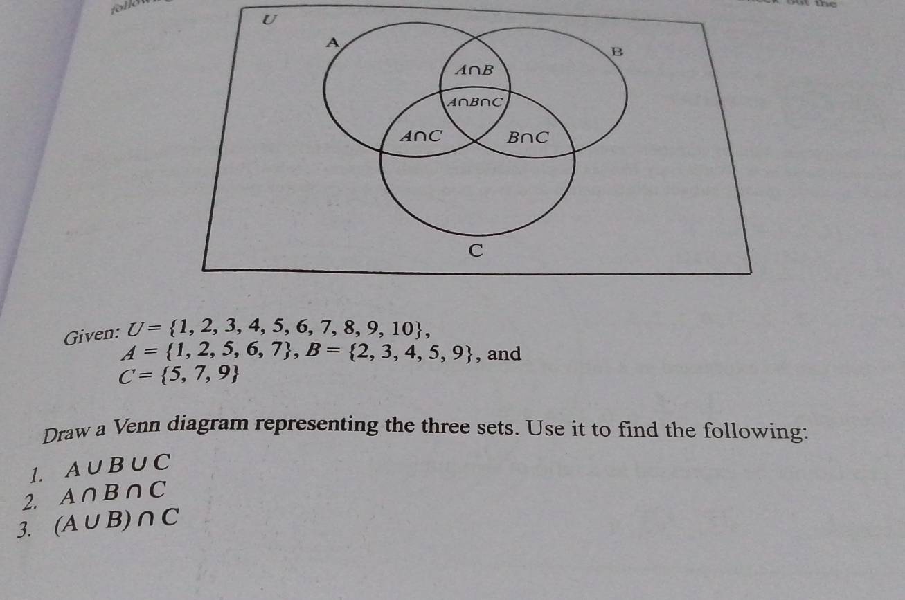 folld
U
A
B
A∩B
A∩B∩C
A∩C B∩C
C
Given: U= 1,2,3,4,5,6,7,8,9,10 ,
A= 1,2,5,6,7 , B= 2,3,4,5,9 , and
C= 5,7,9
Draw a Venn diagram representing the three sets. Use it to find the following: 
1. A∪ B∪ C
2. A∩ B∩ C
3. (A∪ B)∩ C