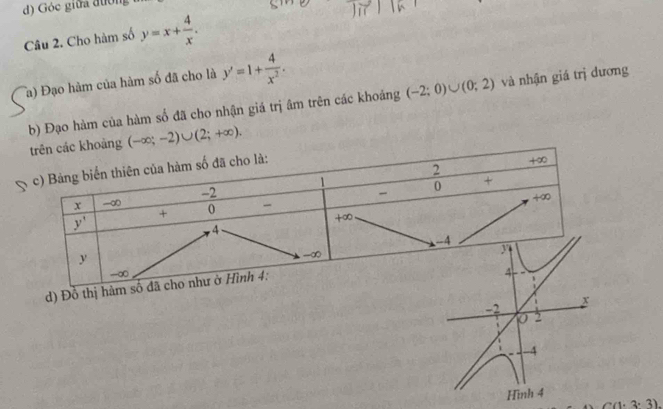 Góc giữa đường
Câu 2. Cho hàm số y=x+ 4/x .
Ta) Đạo hàm của hàm số đã cho là y'=1+ 4/x^2 .
b) Đạo hàm của hàm số đã cho nhận giá trị âm trên các khoảng (-2;0)∪ (0;2) và nhận giá trị dương
trên các khoàng (-∈fty ;-2)∪ (2;+∈fty ).
d) Đỗ th
-2 x
0 2
4
Hình 4
C(1· 3· 3).