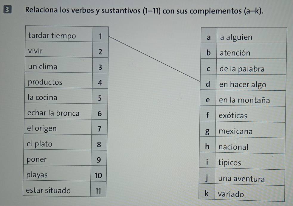 Relaciona los verbos y sustantivos ( 1 ) con sus complementos (a-k). 
11