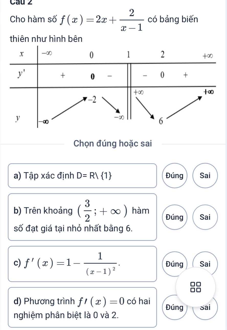 Cau 2
Cho hàm số f(x)=2x+ 2/x-1  có bảng biến
thiên như hình bên
Chọn đúng hoặc sai
a) Tập xác định D=R/ 1 Đúng Sai
b) Trên khoảng ( 3/2 ;+∈fty ) hàm
Đúng Sai
số đạt giá tại nhỏ nhất bằng 6.
c) f'(x)=1-frac 1(x-1)^2. Đúng Sai
d) Phương trình f'(x)=0 có hai
Đúng sai
nghiệm phân biệt là 0 và 2.