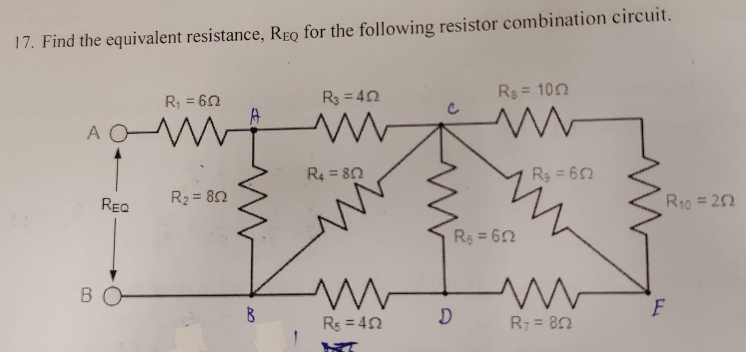 Find the equivalent resistance, I )EC for the following resistor combination circuit.