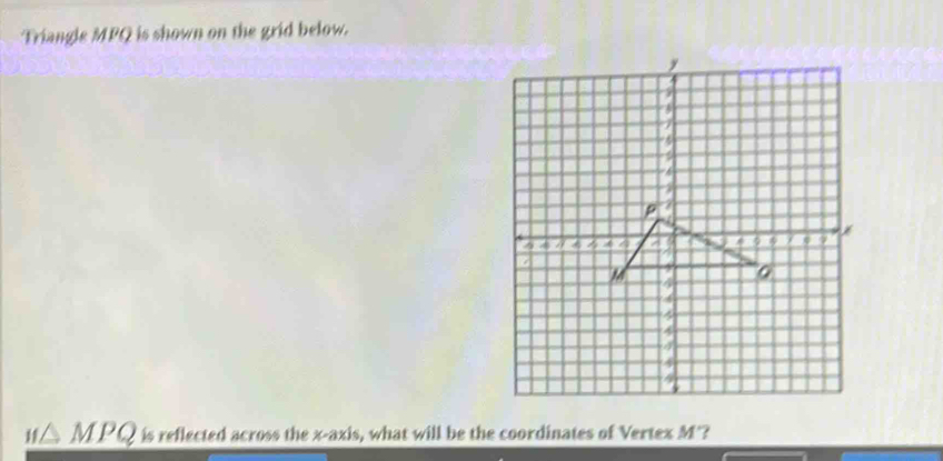 Triangle MPQ is shown on the grid below.
M△ MPQ is reflected across the x-axis, what will be the coordinates of Vertex M"?