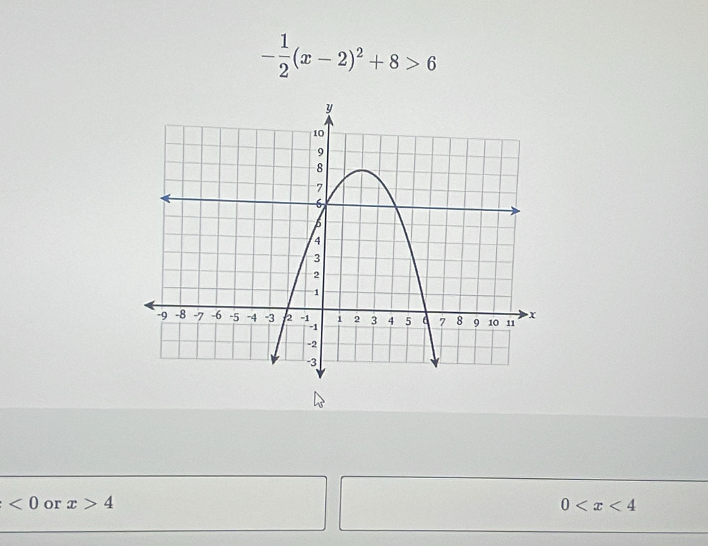 - 1/2 (x-2)^2+8>6
<0</tex> or x>4 0