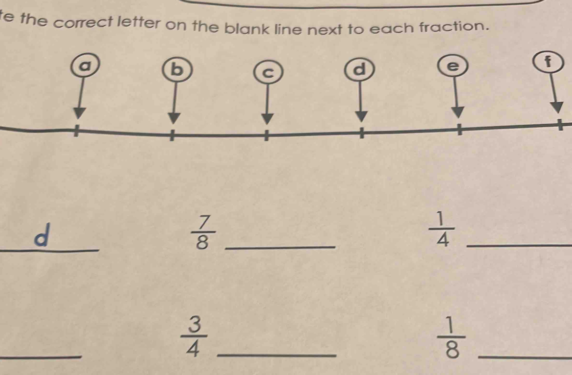 te the correct letter on the blank line next to each fraction. 
_ 
d
 7/8  _
 1/4  _ 
_ 
_  3/4 
 1/8  _