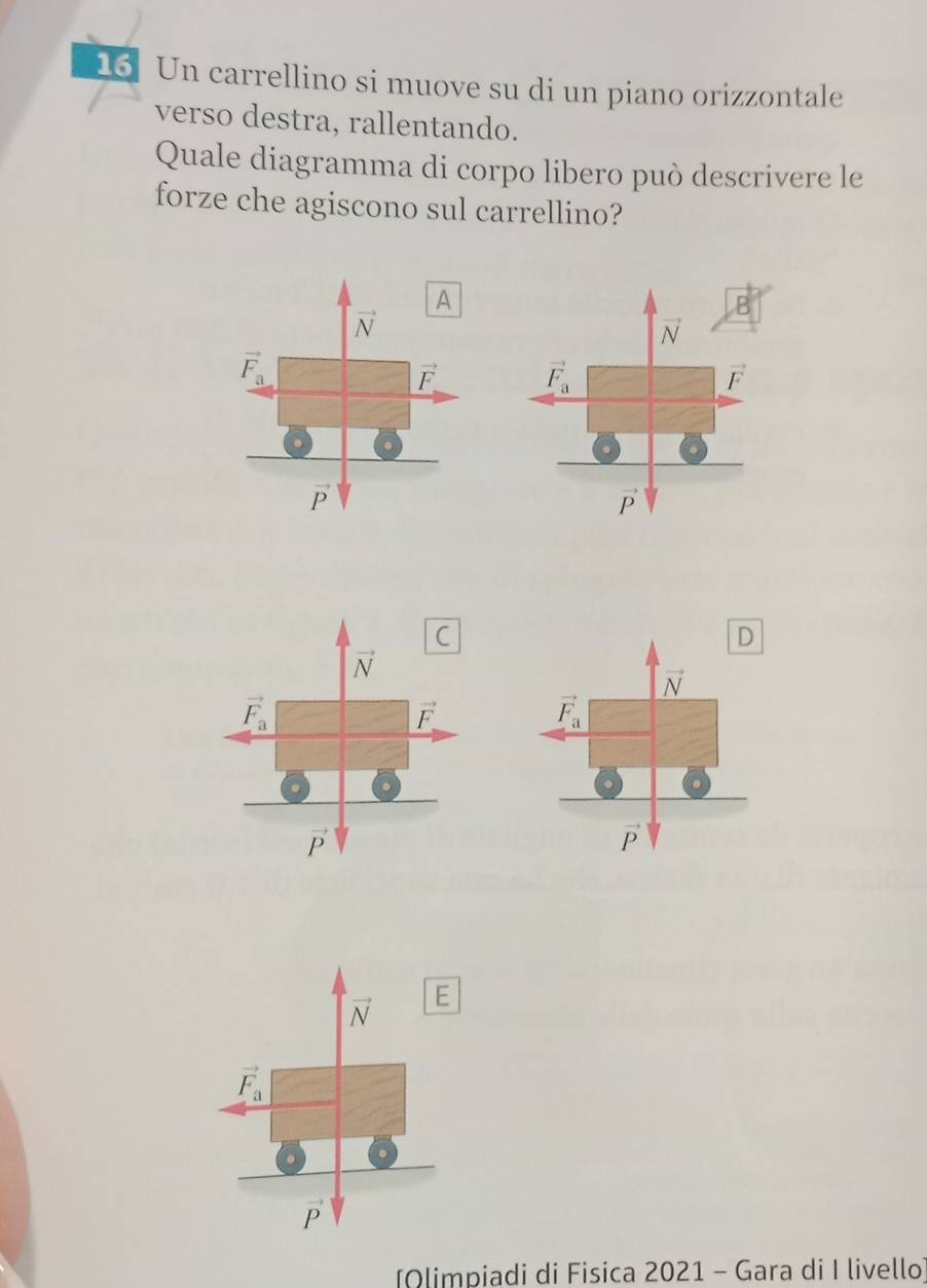 Un carrellino si muove su di un piano orizzontale
verso destra, rallentando.
Quale diagramma di corpo libero può descrivere le
forze che agiscono sul carrellino?

D
vector N
vector F_a
vector P
(Olimpiadi di Fisica 2021 - Gara di I livello]